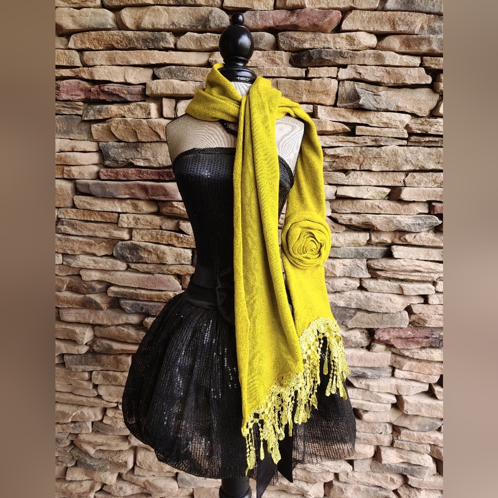 Vintage Floral Bohemian Whimsigoth Mustard Rose Lace Trim Long Scarf | Preppy - Picture 3 of 17